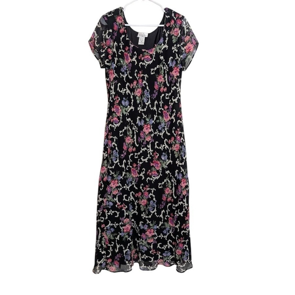 VTG Womens Maxi Dress Black Floral Print Beaded Y2K 90s Fairy Grunge Whimsigoth